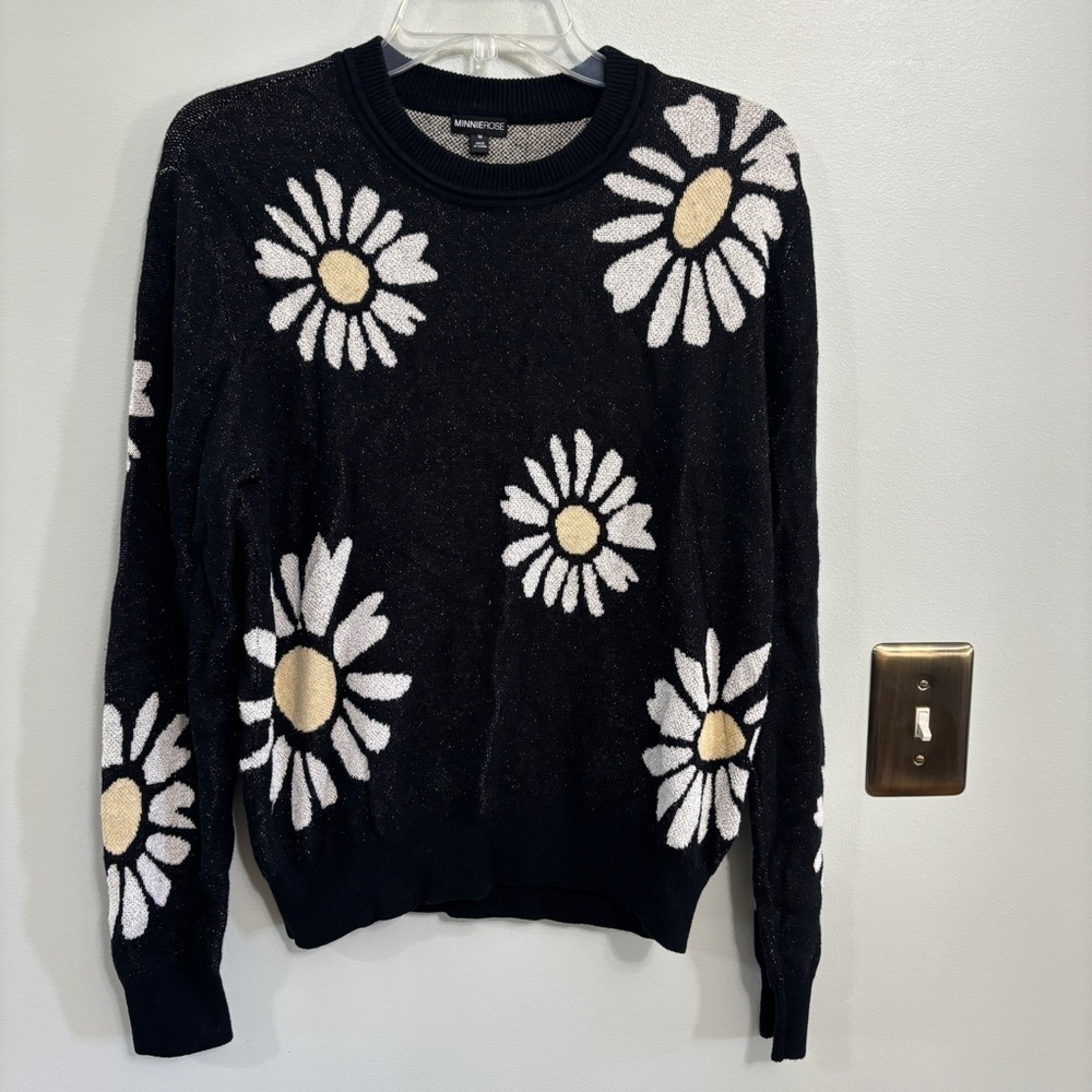 Minnie Rose Black Daisy Sweater Cotton/Cashmere/Silk Medium